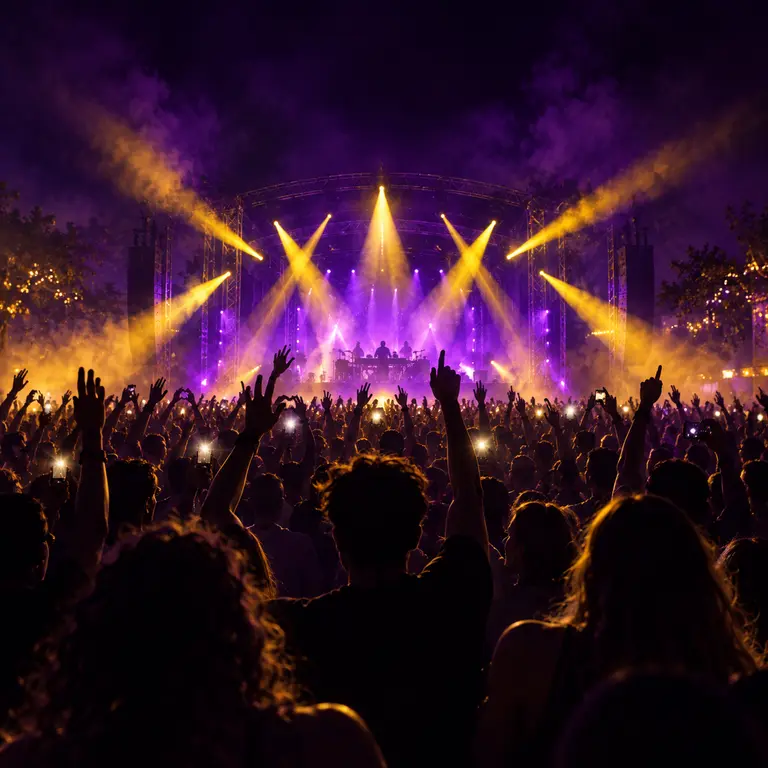 Raised hands and phone lights silhouetted against violet stage light at a night-time fete