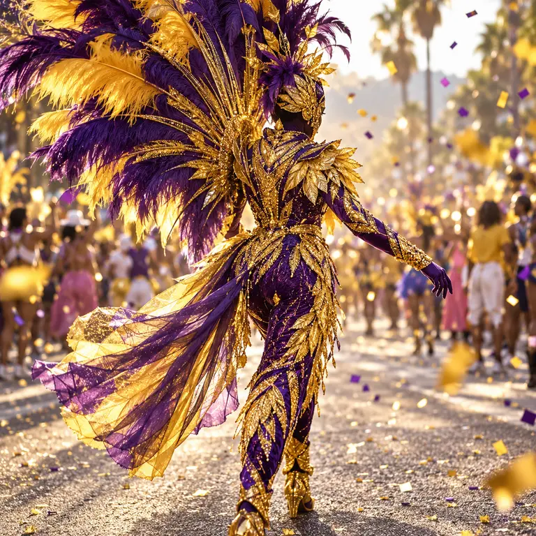 A masquerader mid-stride on the road in a gold and indigo feathered backpiece, confetti in the air