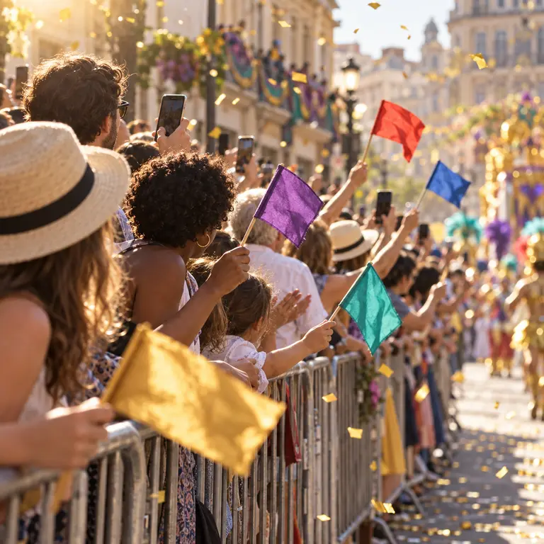 Spectators leaning over a barrier waving plain-coloured flags on a carnival street route