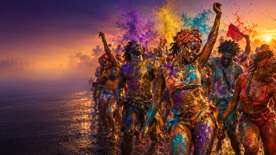 J'Ouvert morning at first light — revellers covered in paint and powder in every colour