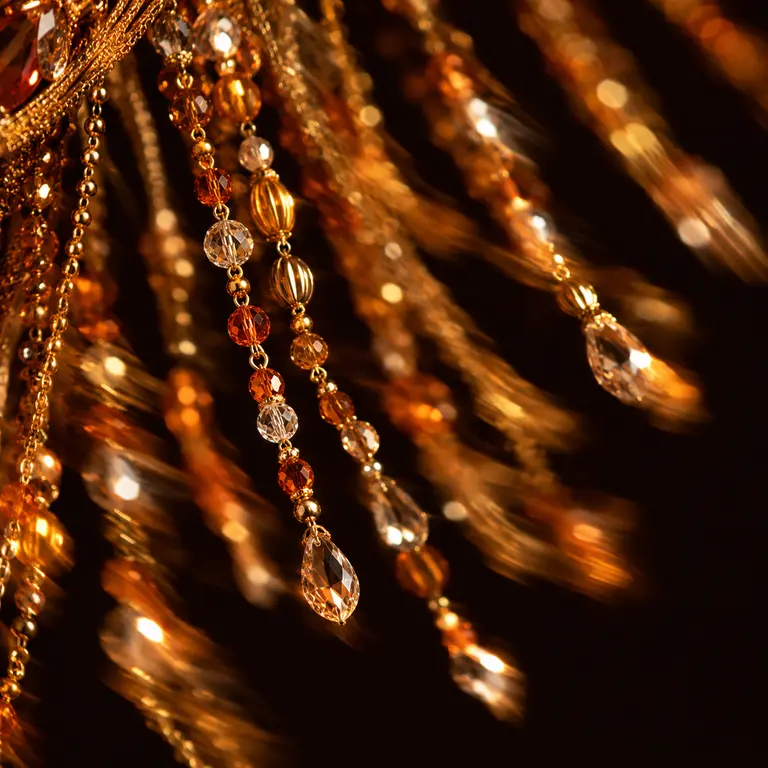 Macro photograph of a costume's gold beaded fringe swinging, the nearest strand sharp and the rest blurred