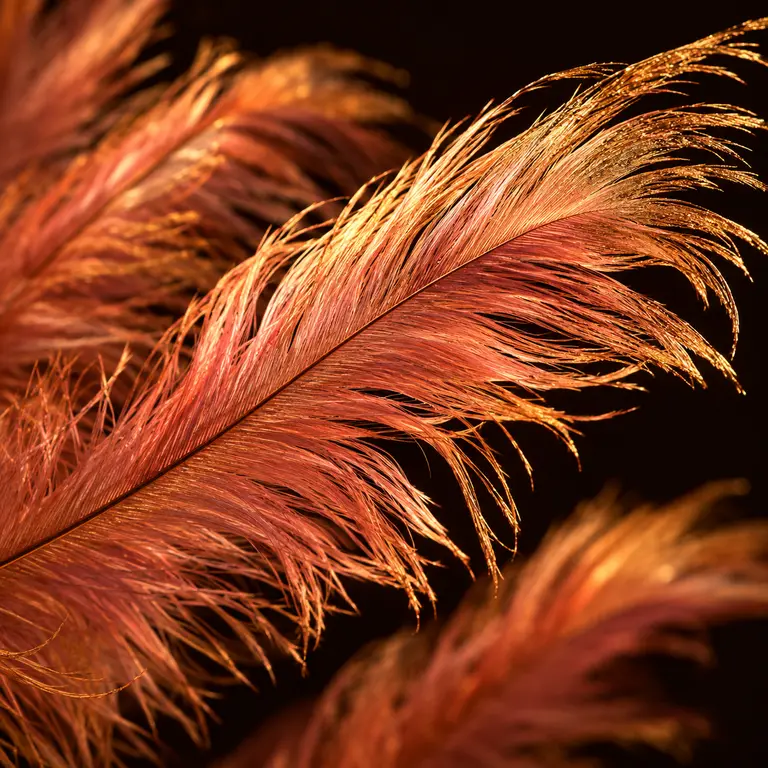 Macro photograph of amber and rose ostrich plumes with gold-dusted tips, backlit so the barbs glow