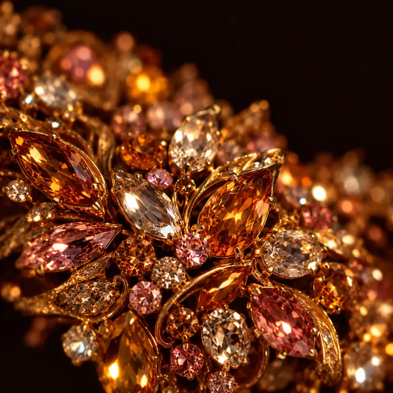 Macro photograph of a tightly packed cluster of amber and rose faceted crystals set in gold filigree