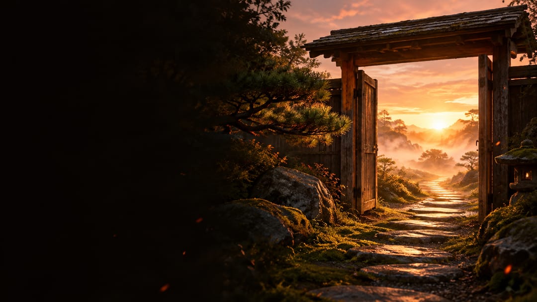 A weathered wooden garden gateway standing open at first light, a moss-lined stone path leading through it