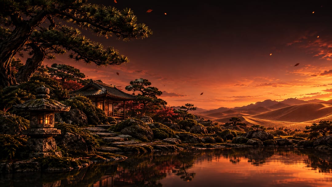 A Japanese stone garden at rose dusk — a stone lantern and pine beside a still pond, sand dunes rising to the right, a phoenix in flight above