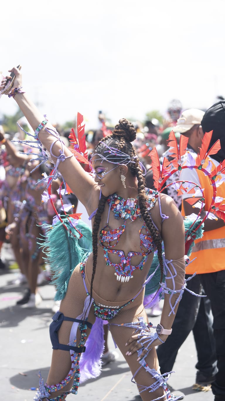A masquerader in a violet and teal beaded costume with one arm raised on the road