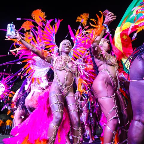 A section in pink and violet feathers under stage lights