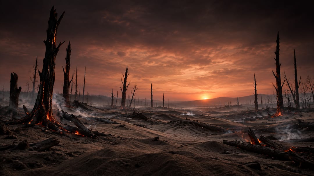 A field of cold grey ash at first light, charred trees standing as silhouettes with embers still glowing at their roots