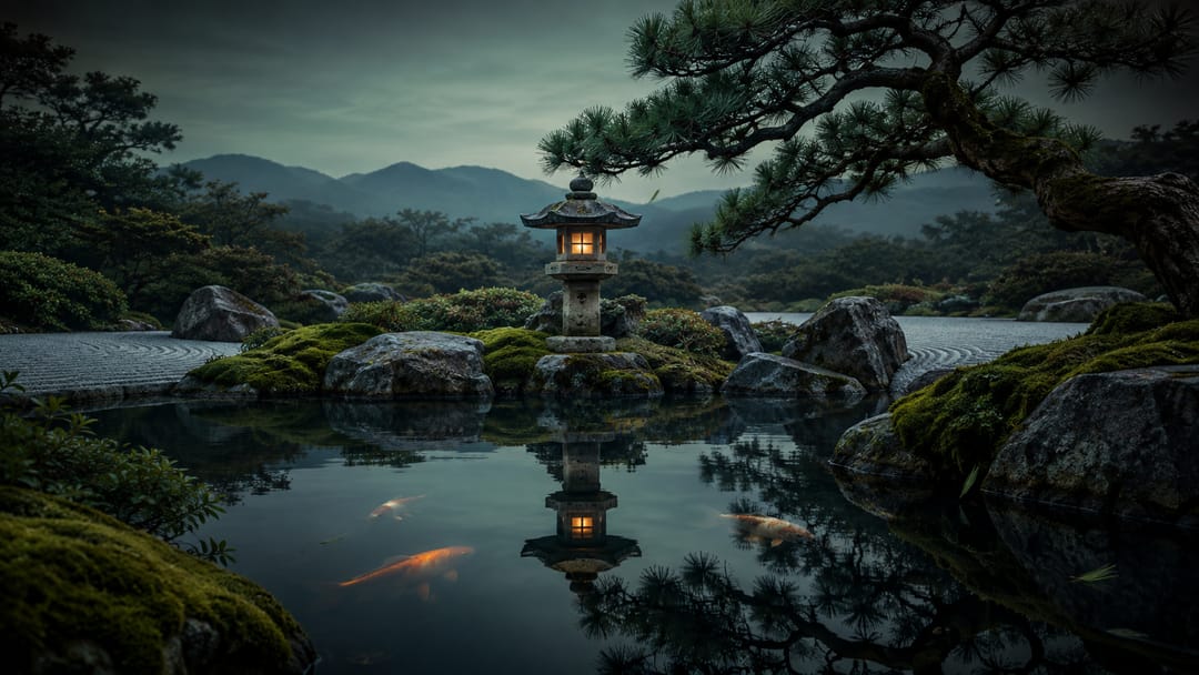 A Japanese stone garden at blue hour — a stone lantern mirrored in a still pond, moss and a gnarled pine