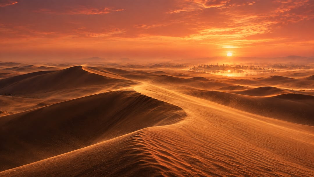 An endless field of wind-carved sand dunes at golden hour, the air above them distorted with heat