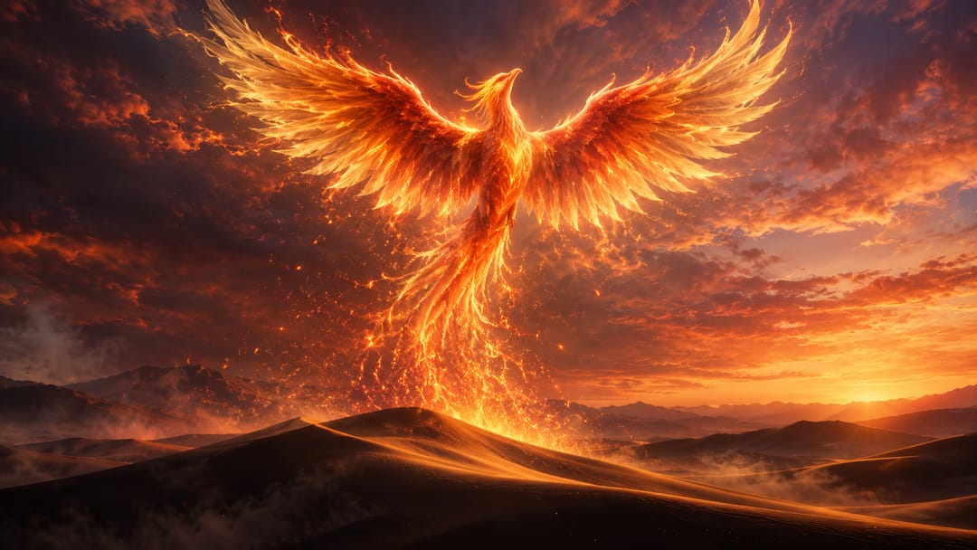 A phoenix of living fire rising from a dune ridge into a rose-and-amber dusk sky, wings fully spread