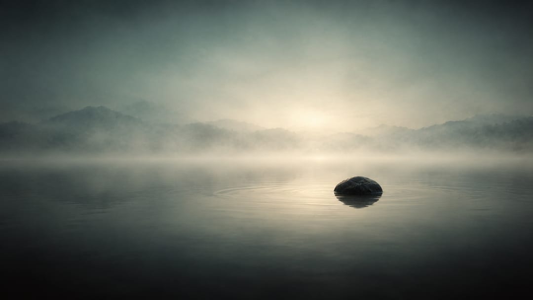 A vast sheet of still water at dawn under low mist, one smooth dark stone breaking the surface