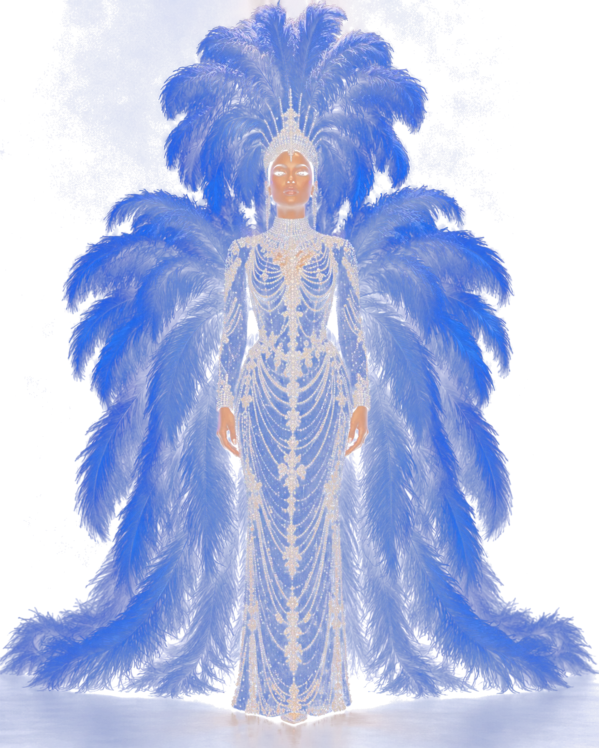A frontline costume in blue plumes