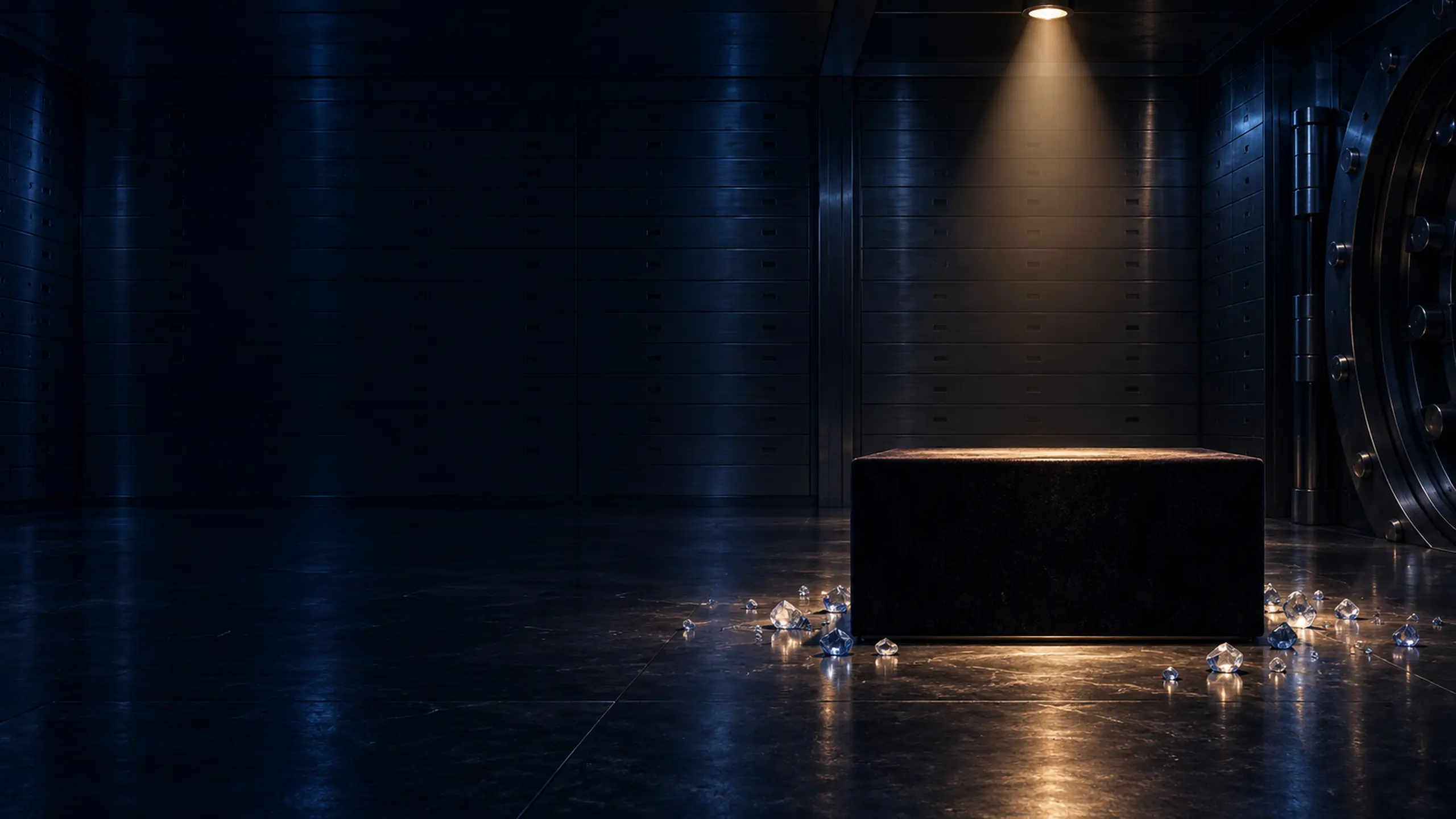The Sapphire theme's key art — a vault, a plinth under one light