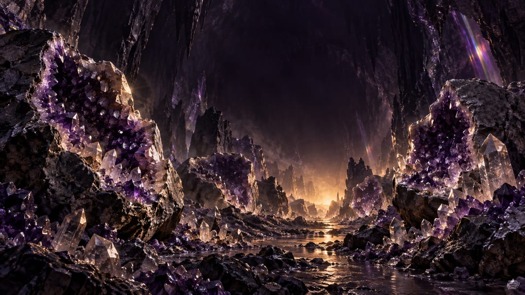 The interior of a cracked-open geode cave, its split shells opening onto deep violet amethyst, with fine gold wireframe octahedra suspended in the air around one warm light