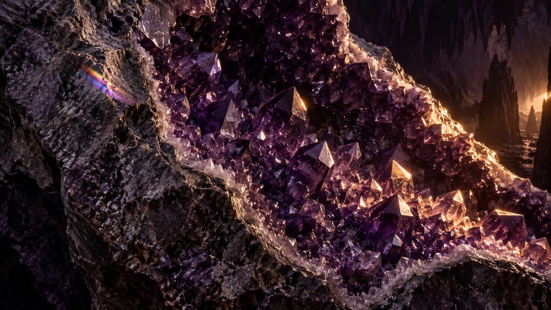 A geode cracked open, its interior a dense bed of violet amethyst
