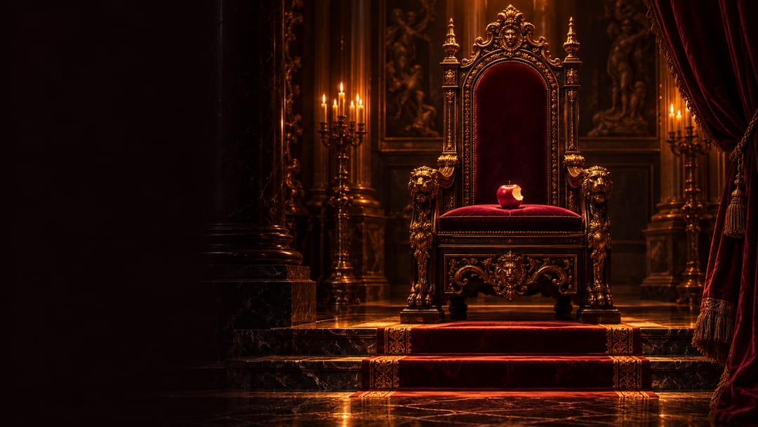 An empty gold throne on a candlelit dais, a red apple with one bite taken resting on its velvet seat