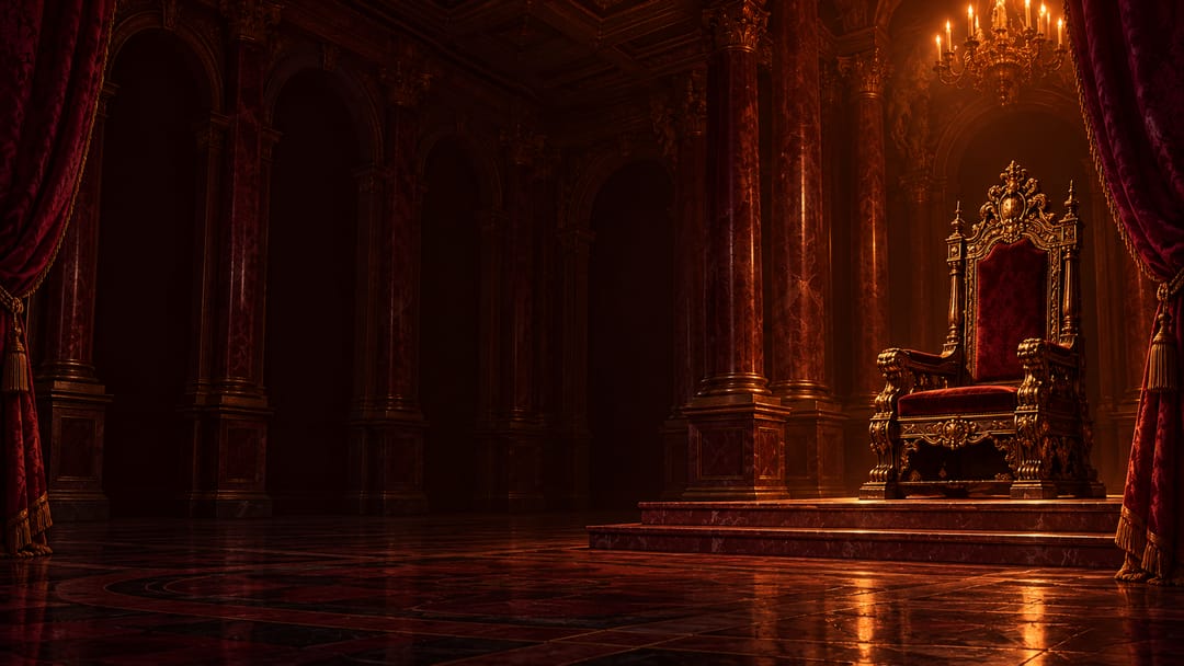 A baroque palace hall at night, an empty gold throne on a dais lit by candlelight, velvet drapes at the edges